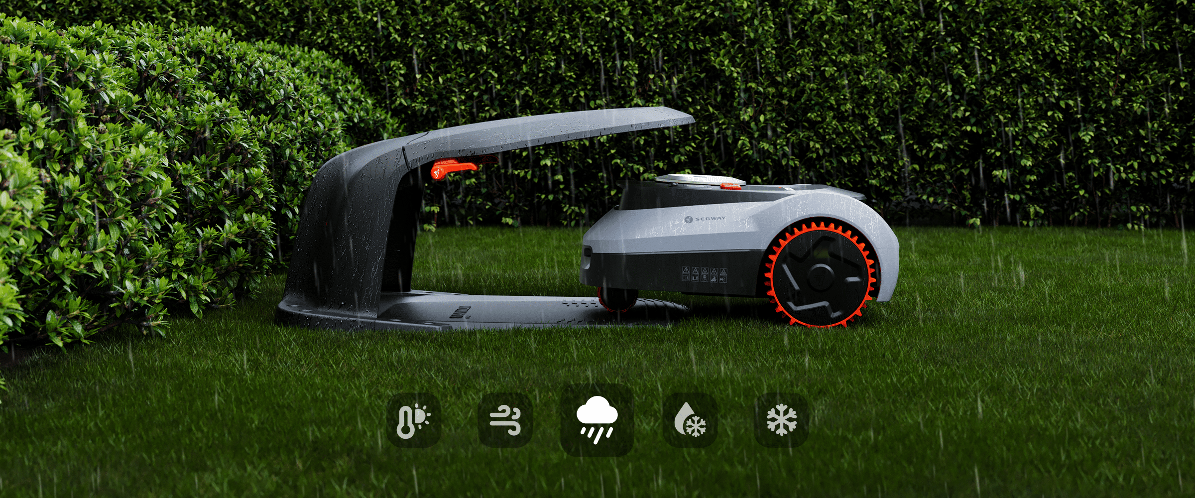 <p>Interrompe automaticamente la falciatura in caso di pioggia intensa, neve, gelo, vento forte o caldo estremo e torna in sicurezza alla base.</p>